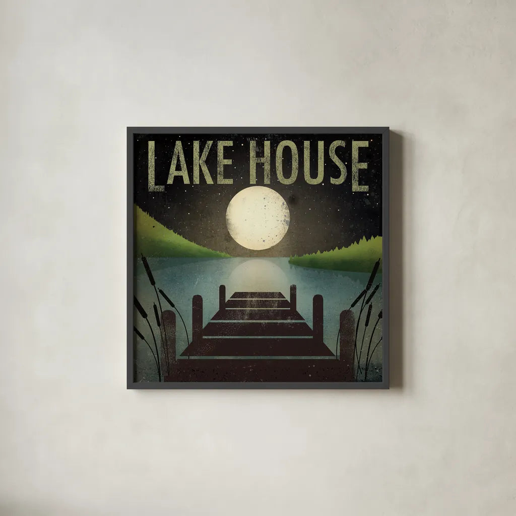 Lake House by Ryan Fowler. Shown in a sleek black glass frame for a contemporary gallery look. Available as an archival giclee rolled canvas, fine art paper, or poster print. SKU 12015a.