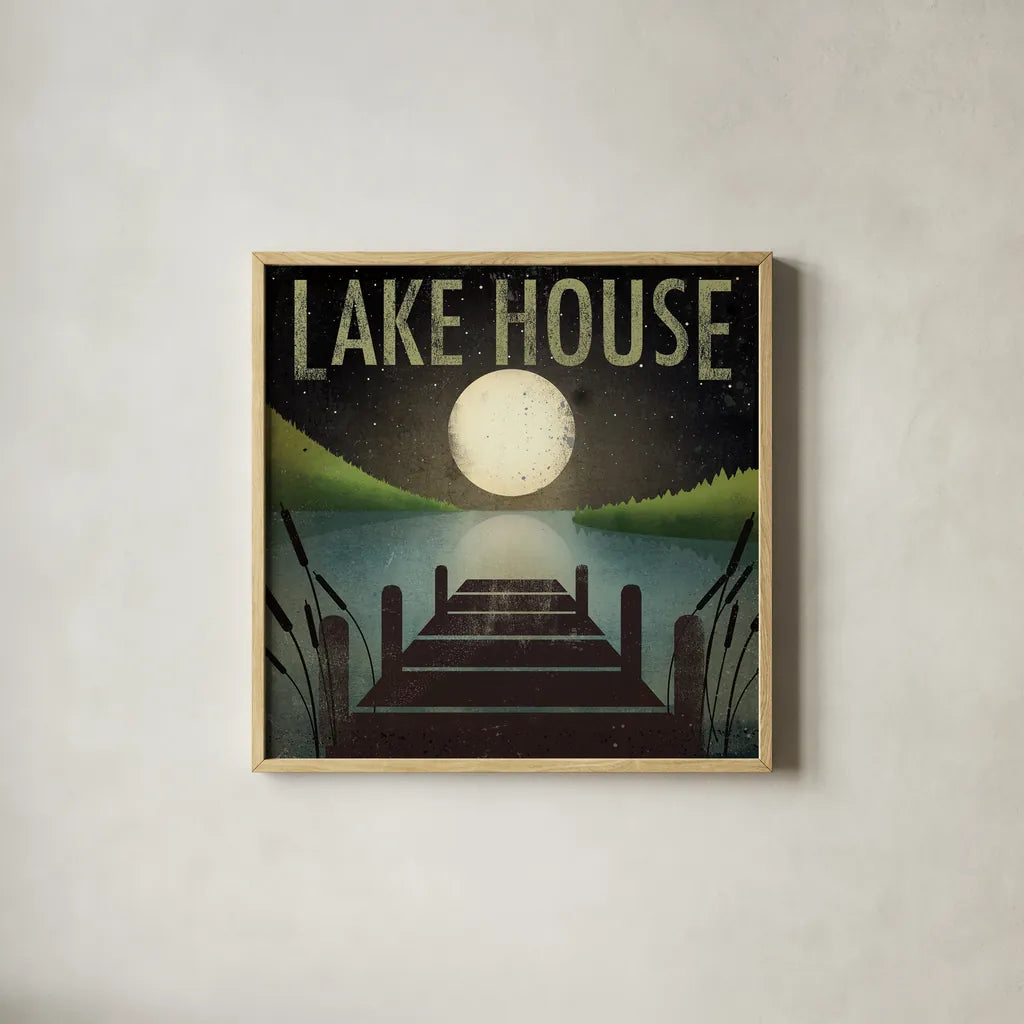 Lake House by Ryan Fowler. Shown in a natural wood glass frame for a timeless modern aesthetic. Available as an archival giclee rolled canvas, fine art paper, or poster print. SKU 12015a.