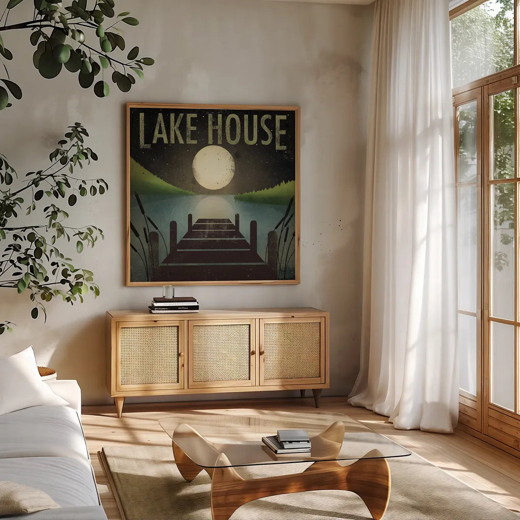 Lake House by Ryan Fowler. Shown in a natural wood frame in a cozy modern living room. Available as an archival giclee rolled canvas, fine art paper, or poster print. SKU 12015a.