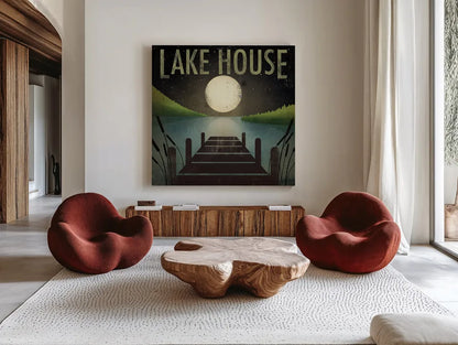 Lake House by Ryan Fowler. Shown as extra-large giant wall art in a modern living room. Available as an archival giclee rolled canvas, fine art paper, or poster print. SKU 12015a.