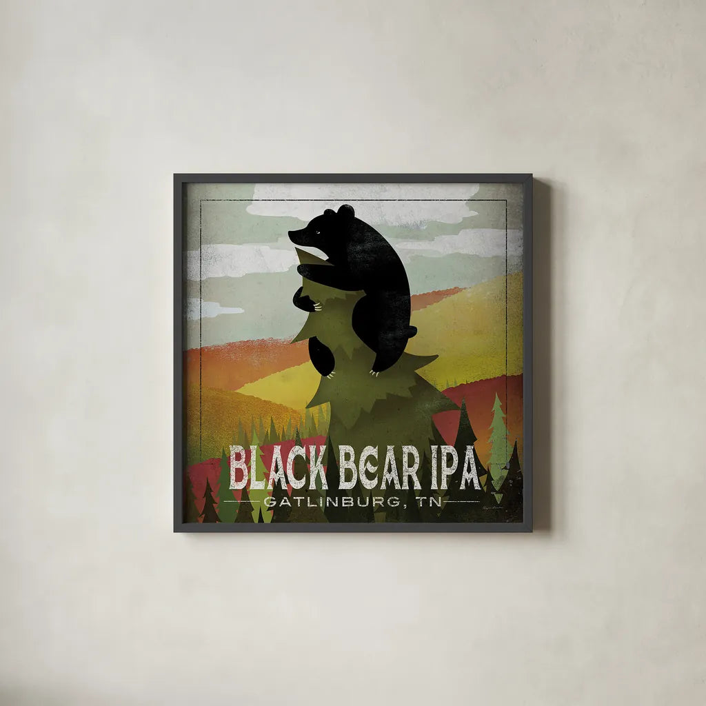Leaf Peeper Black Bear IPA by Ryan Fowler. Shown in a sleek black glass frame for a contemporary gallery look. Available as an archival giclee rolled canvas, fine art paper, or poster print. SKU 30844a.