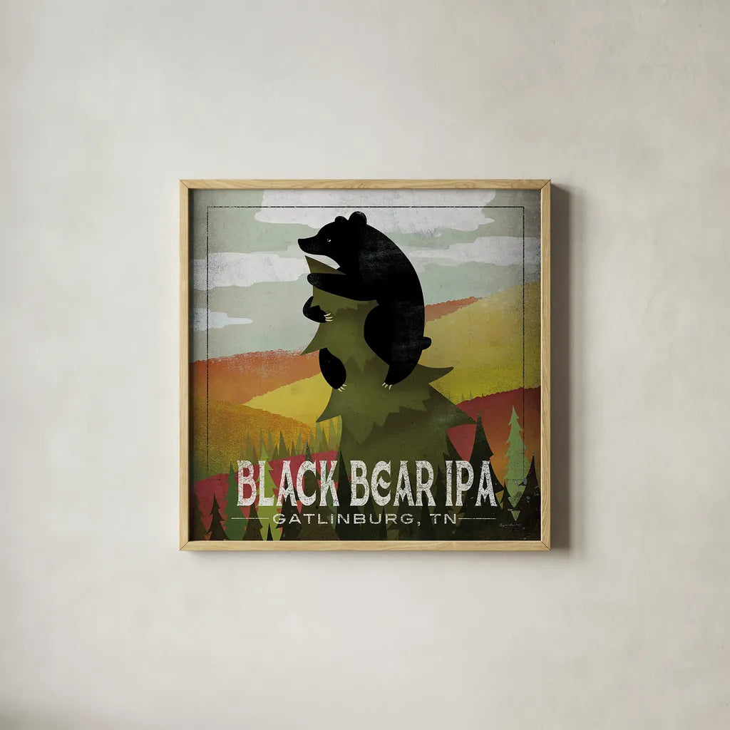 Leaf Peeper Black Bear IPA by Ryan Fowler. Shown in a natural wood glass frame for a timeless modern aesthetic. Available as an archival giclee rolled canvas, fine art paper, or poster print. SKU 30844a.