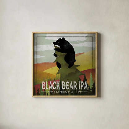 Leaf Peeper Black Bear IPA by Ryan Fowler. Shown in a natural wood glass frame for a timeless modern aesthetic. Available as an archival giclee rolled canvas, fine art paper, or poster print. SKU 30844a.