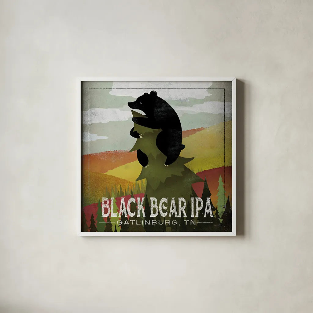 Leaf Peeper Black Bear IPA by Ryan Fowler. Shown in a crisp white glass frame for a clean and minimalist style. Available as an archival giclee rolled canvas, fine art paper, or poster print. SKU 30844a.