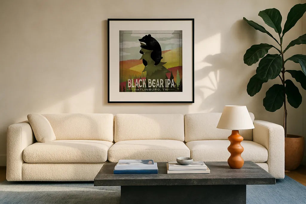 Leaf Peeper Black Bear IPA by Ryan Fowler. Displayed in a glass frame with matte in a clean modern living room. Available as an archival giclee rolled canvas, fine art paper, or poster print. SKU 30844a.