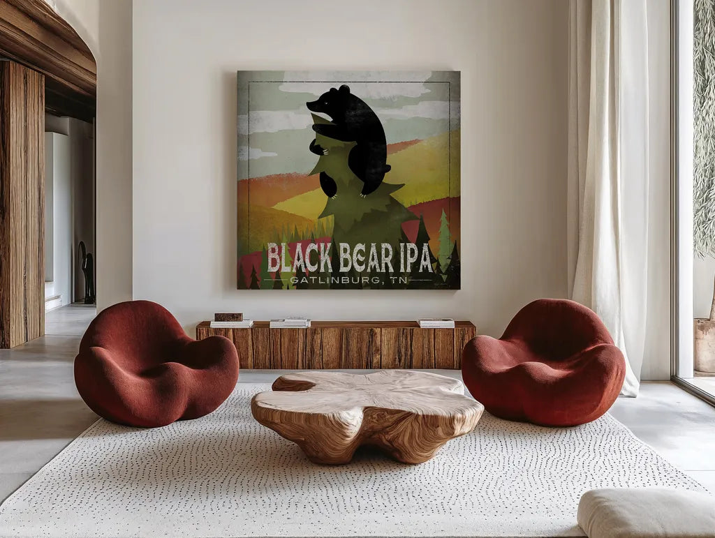 Leaf Peeper Black Bear IPA by Ryan Fowler. Shown as extra-large giant wall art in a modern living room. Available as an archival giclee rolled canvas, fine art paper, or poster print. SKU 30844a.