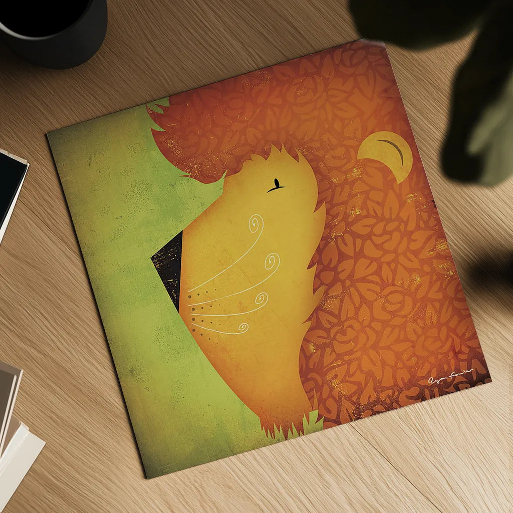 Lion Wow by Ryan Fowler. Shown as a detailed flat fine art print, highlighting archival giclee quality. Available as an archival giclee rolled canvas, fine art paper, or poster print. SKU 12202a.