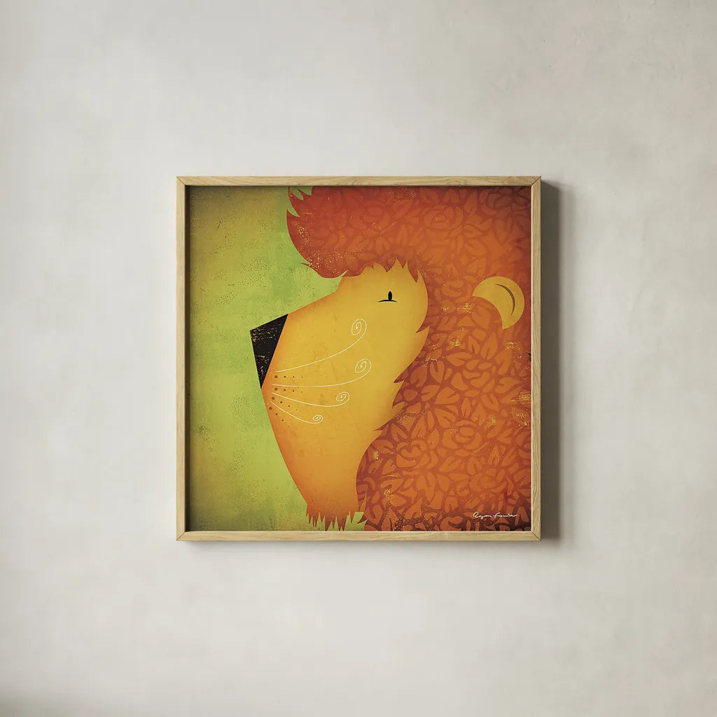 Lion Wow by Ryan Fowler. Shown in a natural wood glass frame for a timeless modern aesthetic. Available as an archival giclee rolled canvas, fine art paper, or poster print. SKU 12202a.
