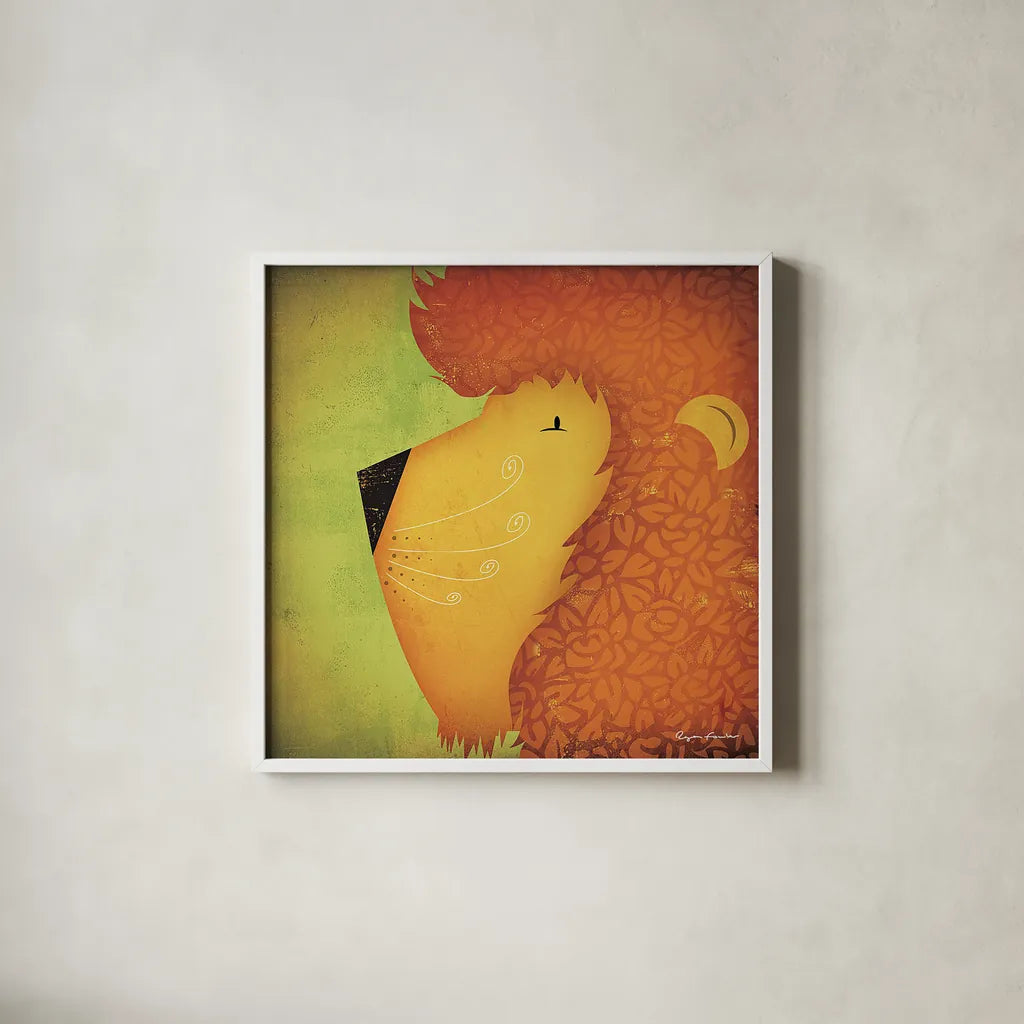 Lion Wow by Ryan Fowler. Shown in a crisp white glass frame for a clean and minimalist style. Available as an archival giclee rolled canvas, fine art paper, or poster print. SKU 12202a.