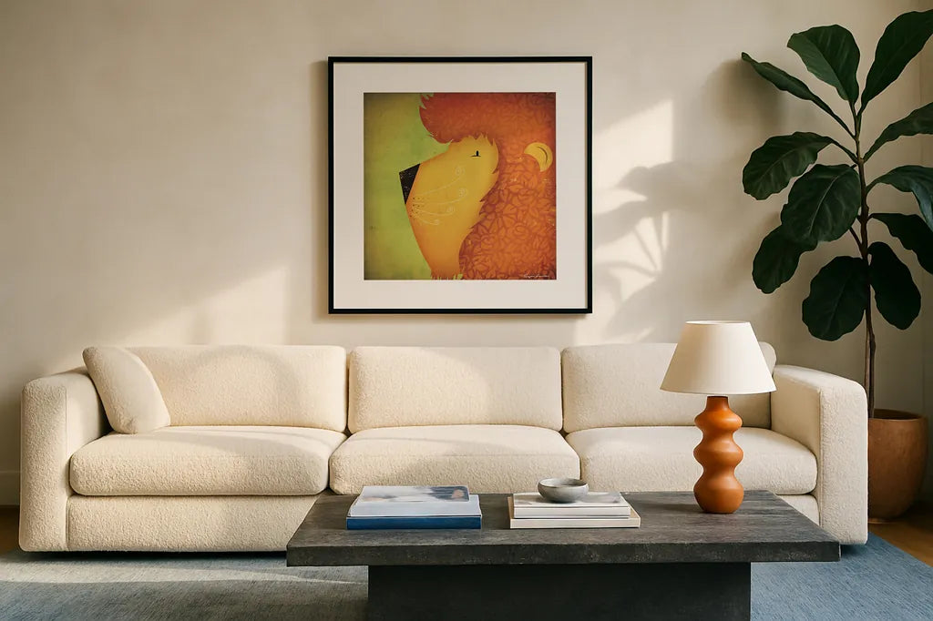 Lion Wow by Ryan Fowler. Displayed in a glass frame with matte in a clean modern living room. Available as an archival giclee rolled canvas, fine art paper, or poster print. SKU 12202a.