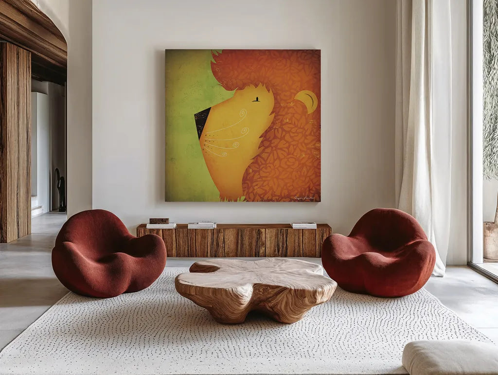 Lion Wow by Ryan Fowler. Shown as extra-large giant wall art in a modern living room. Available as an archival giclee rolled canvas, fine art paper, or poster print. SKU 12202a.