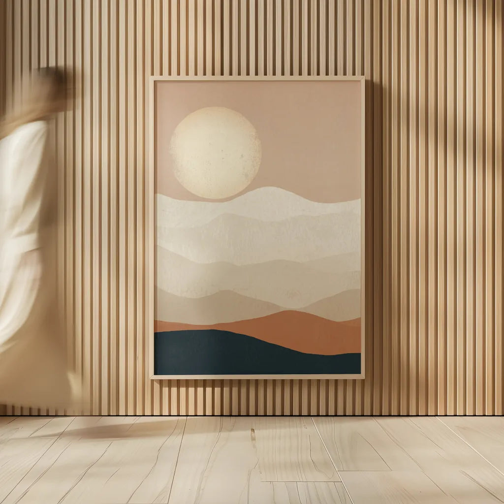 Mojave Mountains and Moon Crop by Ryan Fowler. shown as over sized large wall art. Available as an archival giclee rolled canvas, fine art paper, or poster print. SKU 57931h.