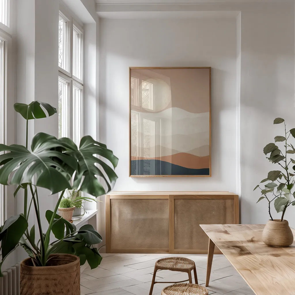 Mojave Mountains and Moon Crop by Ryan Fowler. shown as a print in a natural wood frame in a dining room. Available as a archival giclee rolled canvas, fine art paper, or poster print. SKU 57931h.