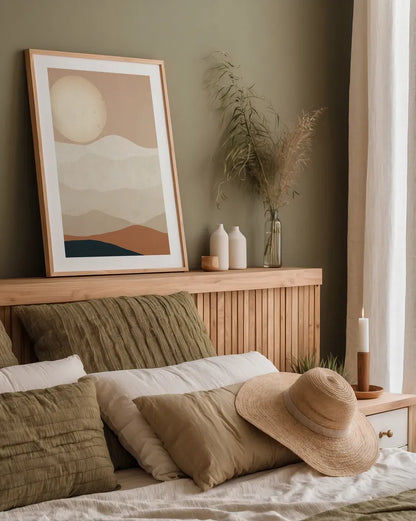 Mojave Mountains and Moon Crop by Ryan Fowler. shown as a paper print in a natural frame. Available as a archival giclee rolled canvas, fine art paper, or poster print. SKU 57931h.
