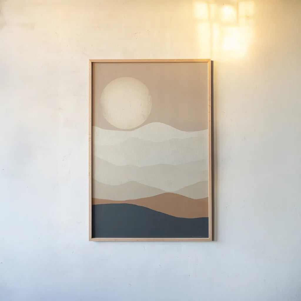 Mojave Mountains and Moon Crop by Ryan Fowler. shown as a paper print in a natural frame. Available as a archival giclee rolled canvas, fine art paper, or poster print. SKU 57931h.