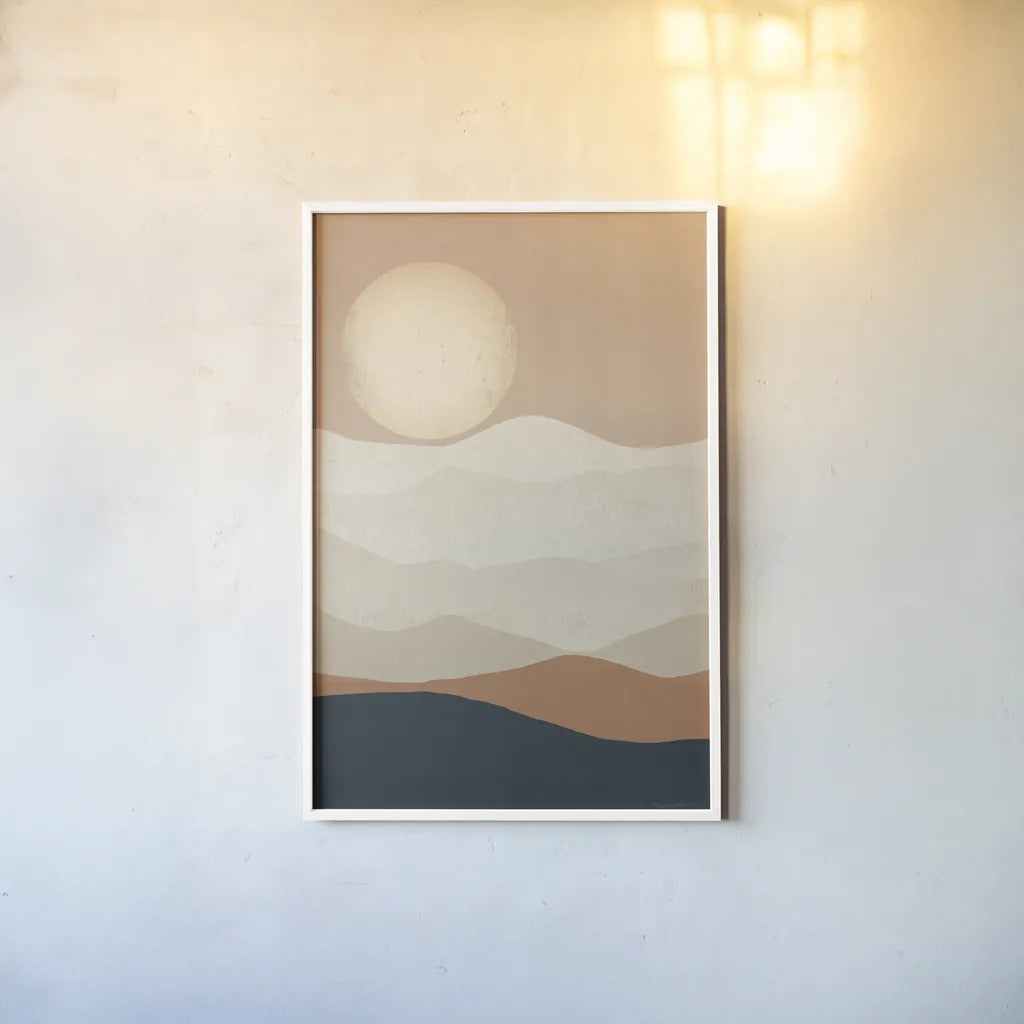Mojave Mountains and Moon Crop by Ryan Fowler. shown as a paper print in a white frame. Available as a archival giclee rolled canvas, fine art paper, or poster print. SKU 57931h.