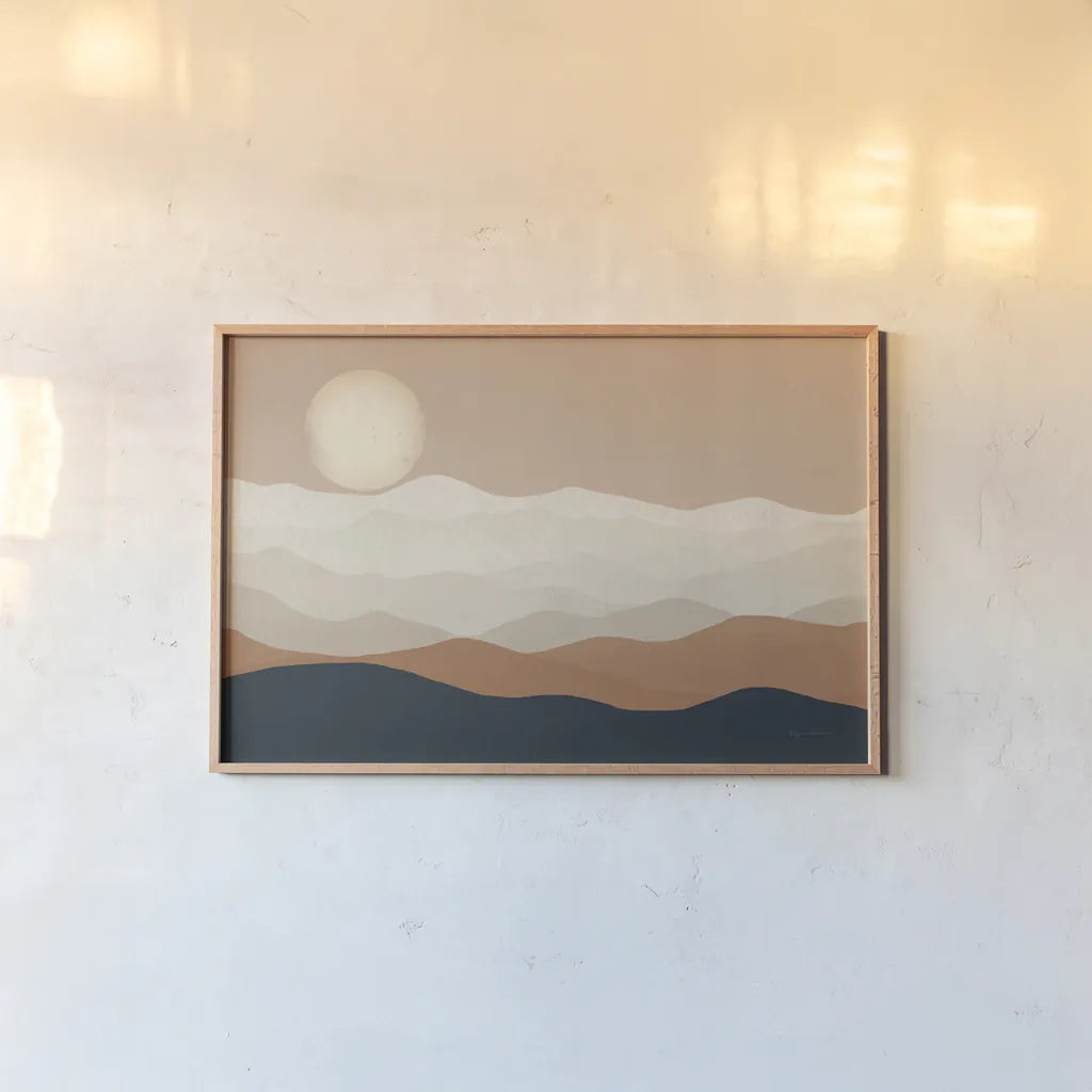 Mojave Mountains and Moon Crop by Ryan Fowler. shown as a paper print in a natural frame. Available as a archival giclee rolled canvas, fine art paper, or poster print. SKU 57931i.