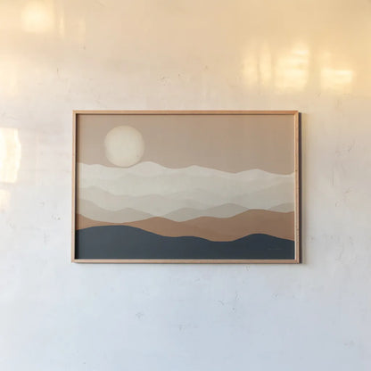 Mojave Mountains and Moon Crop by Ryan Fowler. shown as a paper print in a natural frame. Available as a archival giclee rolled canvas, fine art paper, or poster print. SKU 57931i.