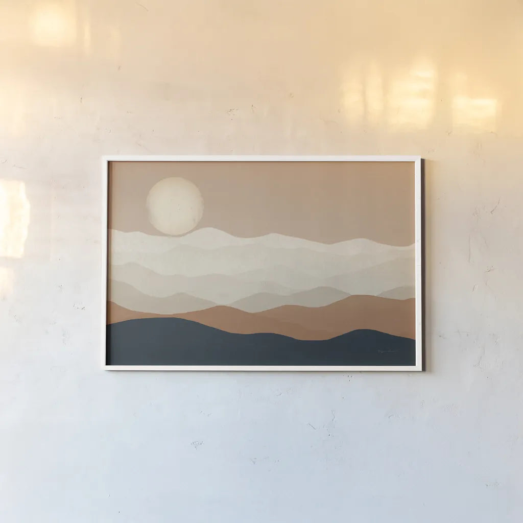 Mojave Mountains and Moon Crop by Ryan Fowler. shown as a paper print in a white frame. Available as a archival giclee rolled canvas, fine art paper, or poster print. SKU 57931i.