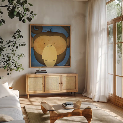 Monkey Wow by Ryan Fowler. Shown in a natural wood frame in a cozy modern living room. Available as an archival giclee rolled canvas, fine art paper, or poster print. SKU 12203a.