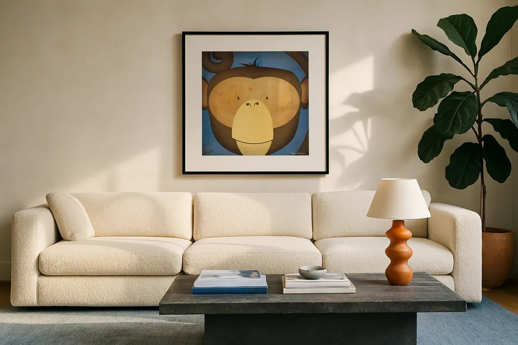 Monkey Wow by Ryan Fowler. Displayed in a glass frame with matte in a clean modern living room. Available as an archival giclee rolled canvas, fine art paper, or poster print. SKU 12203a.
