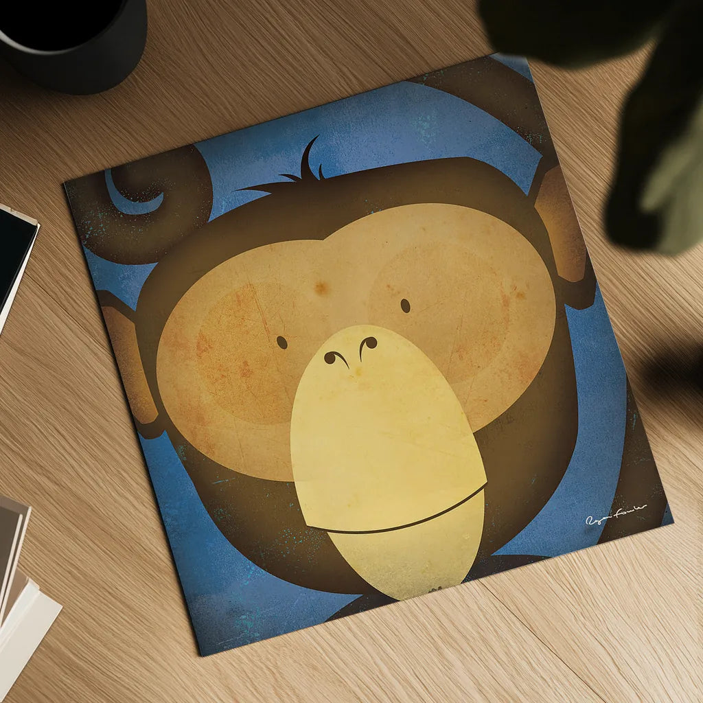 Monkey Wow by Ryan Fowler. Shown as a detailed flat fine art print, highlighting archival giclee quality. Available as an archival giclee rolled canvas, fine art paper, or poster print. SKU 15227a.
