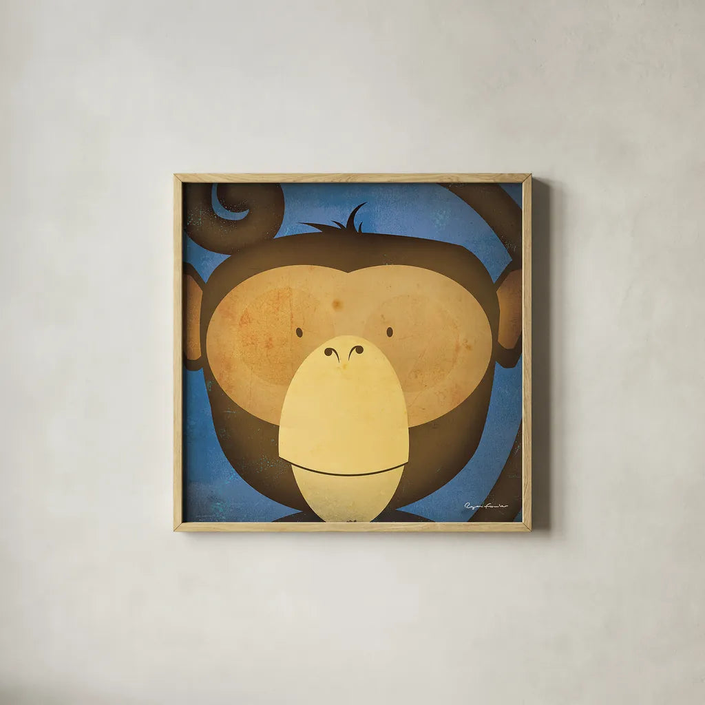 Monkey Wow by Ryan Fowler. Shown in a natural wood glass frame for a timeless modern aesthetic. Available as an archival giclee rolled canvas, fine art paper, or poster print. SKU 15227a.