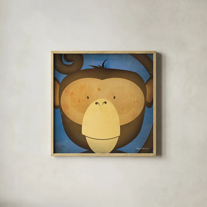 Monkey Wow by Ryan Fowler. Shown in a natural wood glass frame for a timeless modern aesthetic. Available as an archival giclee rolled canvas, fine art paper, or poster print. SKU 15227a.