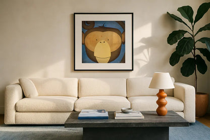 Monkey Wow by Ryan Fowler. Displayed in a glass frame with matte in a clean modern living room. Available as an archival giclee rolled canvas, fine art paper, or poster print. SKU 15227a.