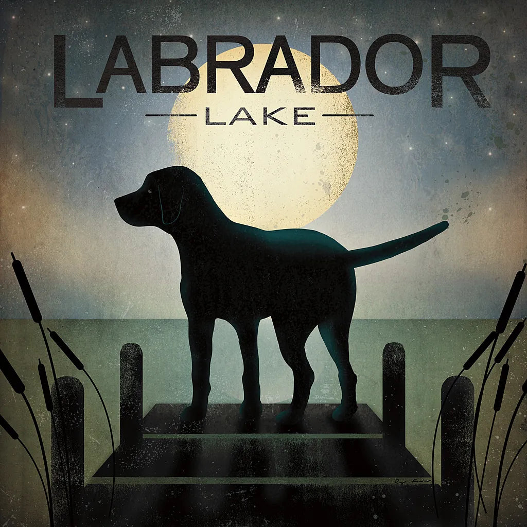 Moonrise Black Dog - Labrador Lake by Ryan Fowler. SKU 11454a. Archival Giclee Fine art print for wall decor.
