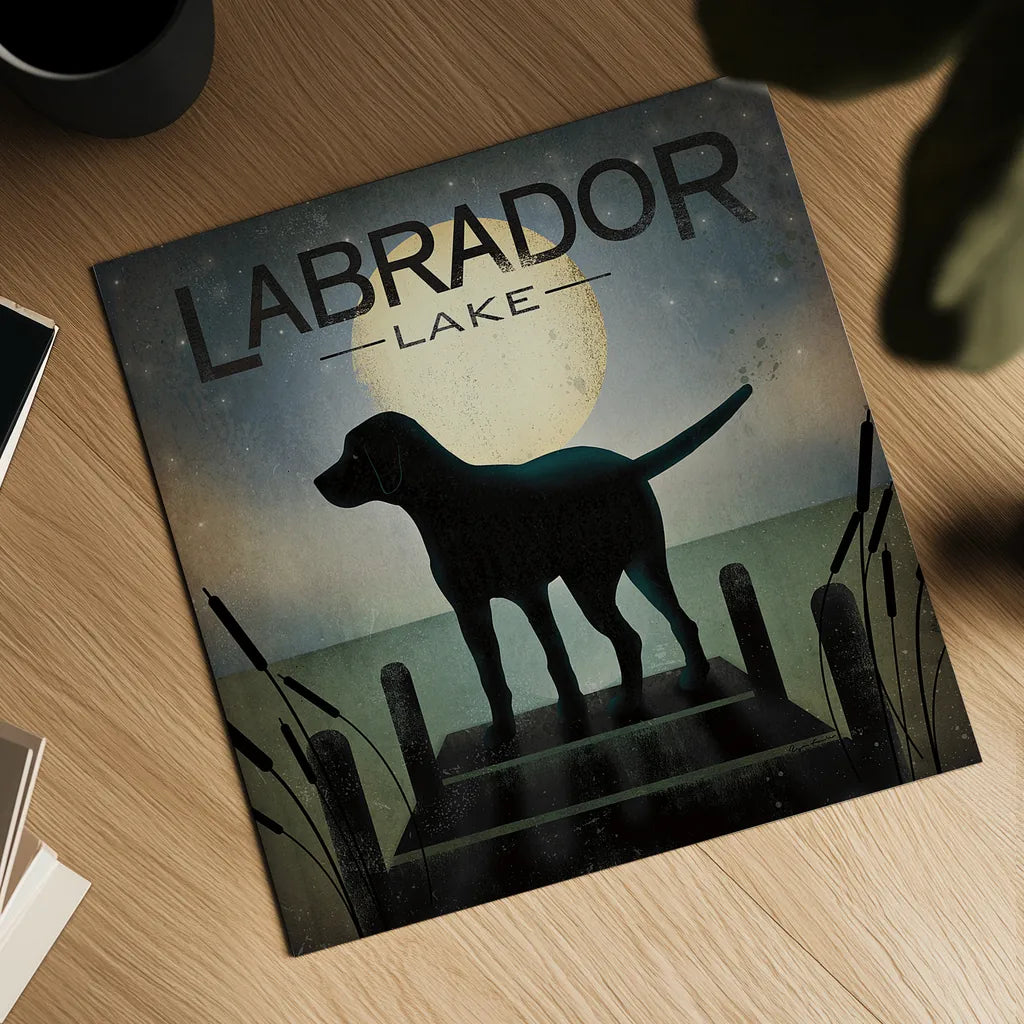 Moonrise Black Dog - Labrador Lake by Ryan Fowler. Shown as a detailed flat fine art print, highlighting archival giclee quality. Available as an archival giclee rolled canvas, fine art paper, or poster print. SKU 11454a.