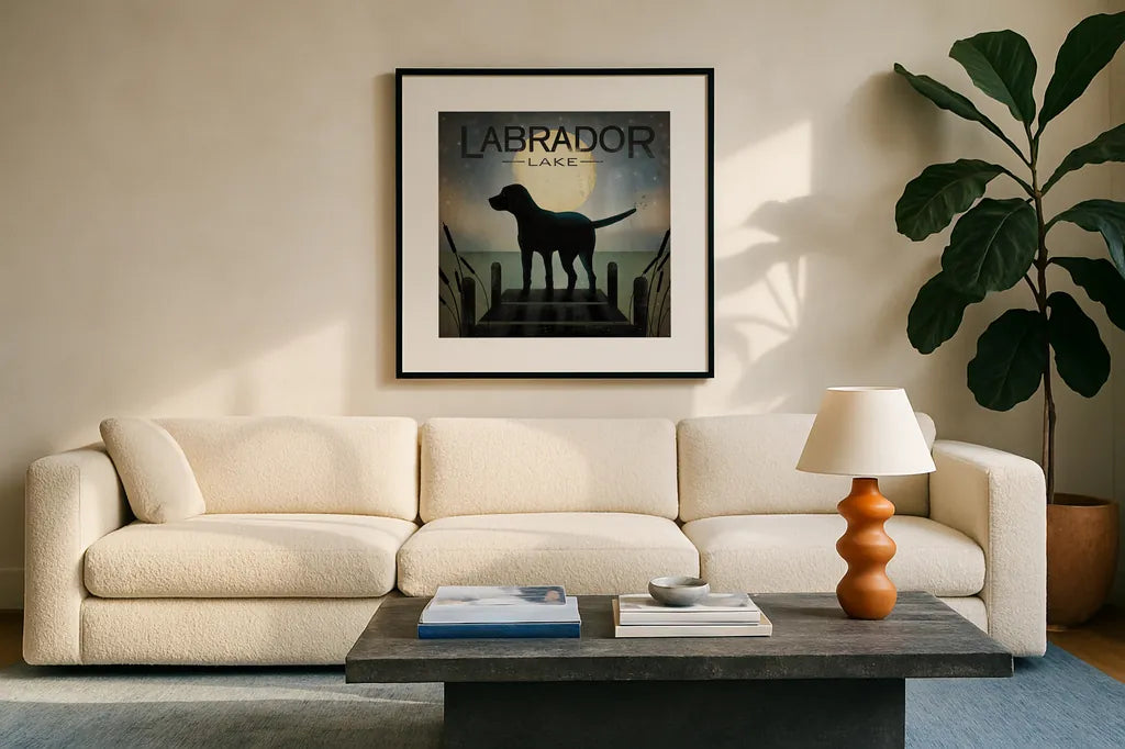 Moonrise Black Dog - Labrador Lake by Ryan Fowler. Displayed in a glass frame with matte in a clean modern living room. Available as an archival giclee rolled canvas, fine art paper, or poster print. SKU 11454a.
