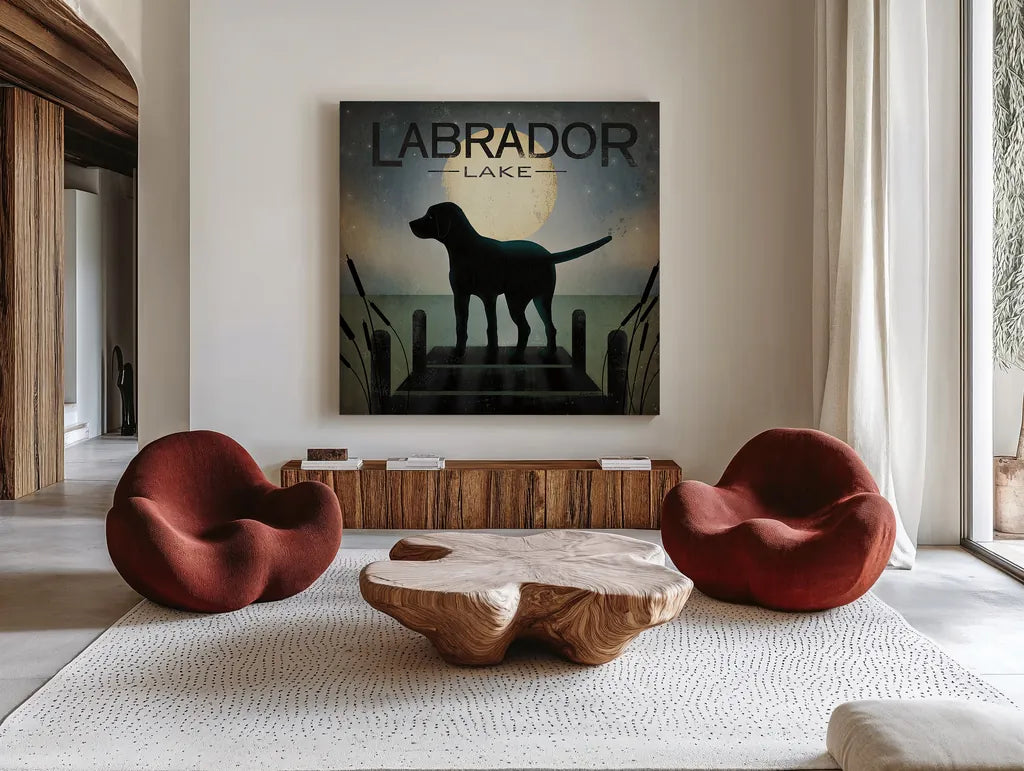 Moonrise Black Dog - Labrador Lake by Ryan Fowler. Shown as extra-large giant wall art in a modern living room. Available as an archival giclee rolled canvas, fine art paper, or poster print. SKU 11454a.
