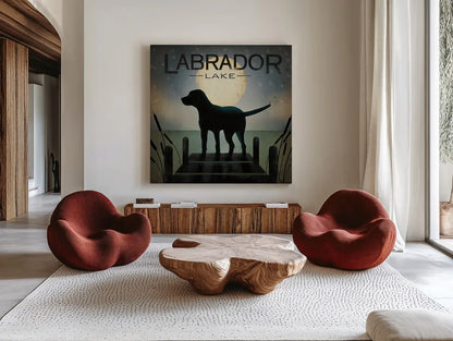 Moonrise Black Dog - Labrador Lake by Ryan Fowler. Shown as extra-large giant wall art in a modern living room. Available as an archival giclee rolled canvas, fine art paper, or poster print. SKU 11454a.