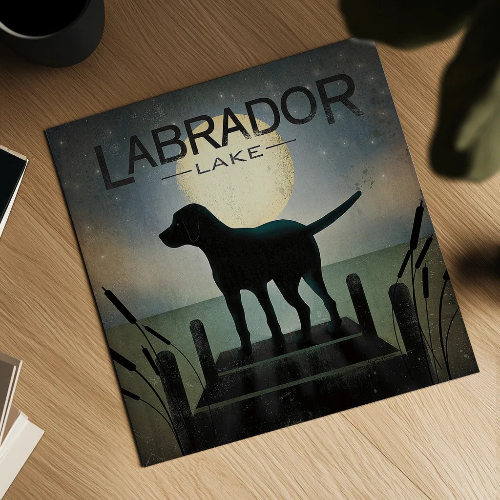 Moonrise Black Dog - Labrador Lake by Ryan Fowler. Shown as a detailed flat fine art print, highlighting archival giclee quality. Available as an archival giclee rolled canvas, fine art paper, or poster print. SKU 11858a.