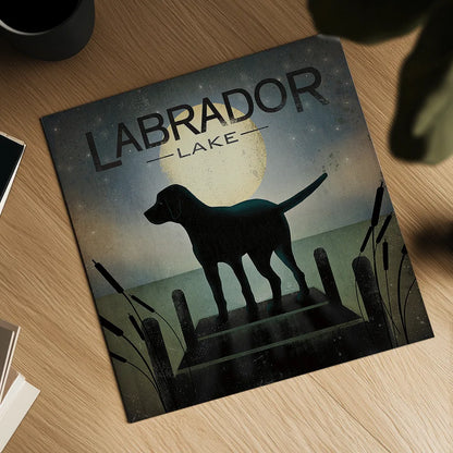 Moonrise Black Dog - Labrador Lake by Ryan Fowler. Shown as a detailed flat fine art print, highlighting archival giclee quality. Available as an archival giclee rolled canvas, fine art paper, or poster print. SKU 11858a.