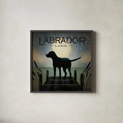 Moonrise Black Dog - Labrador Lake by Ryan Fowler. Shown in a sleek black glass frame for a contemporary gallery look. Available as an archival giclee rolled canvas, fine art paper, or poster print. SKU 11858a.