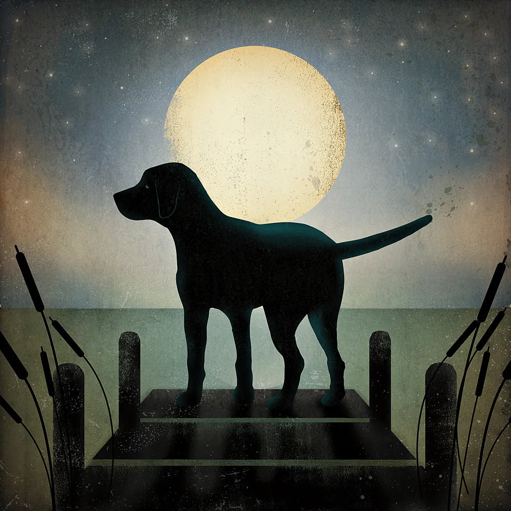Moonrise Black Dog by Ryan Fowler. SKU 9033a. Archival Giclee Fine art print for wall decor.