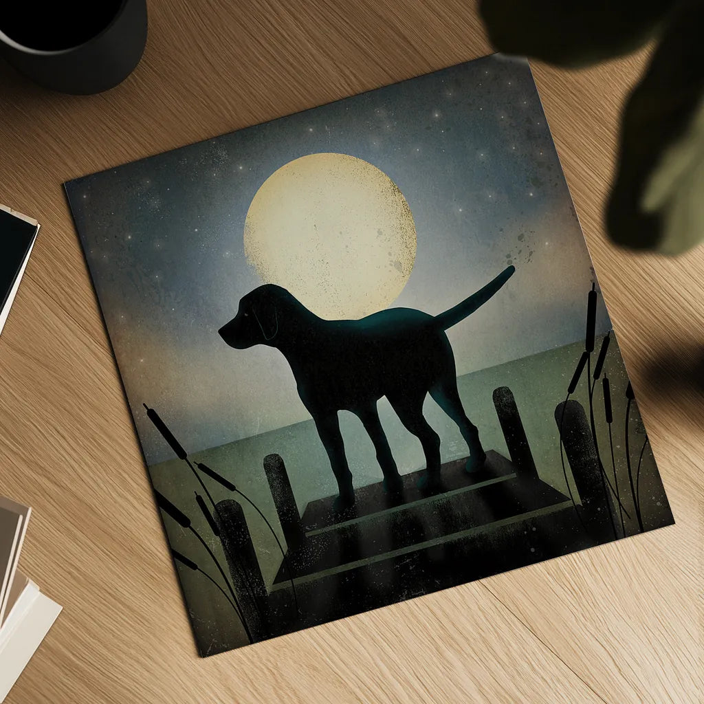 Moonrise Black Dog by Ryan Fowler. Shown as a detailed flat fine art print, highlighting archival giclee quality. Available as an archival giclee rolled canvas, fine art paper, or poster print. SKU 9033a.