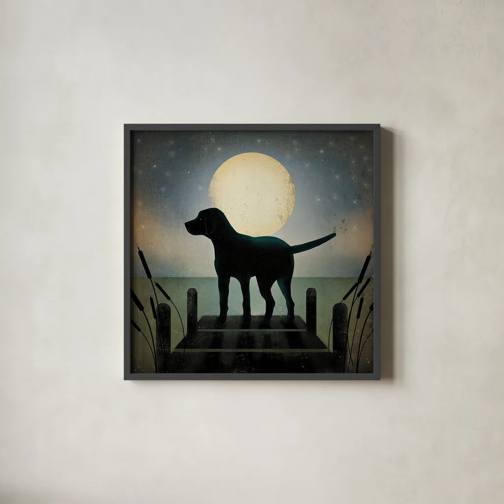 Moonrise Black Dog by Ryan Fowler. Shown in a sleek black glass frame for a contemporary gallery look. Available as an archival giclee rolled canvas, fine art paper, or poster print. SKU 9033a.