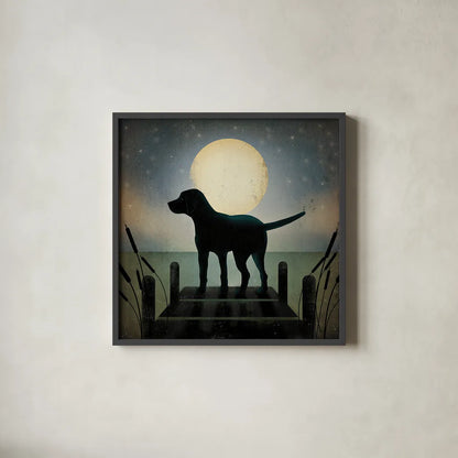 Moonrise Black Dog by Ryan Fowler. Shown in a sleek black glass frame for a contemporary gallery look. Available as an archival giclee rolled canvas, fine art paper, or poster print. SKU 9033a.