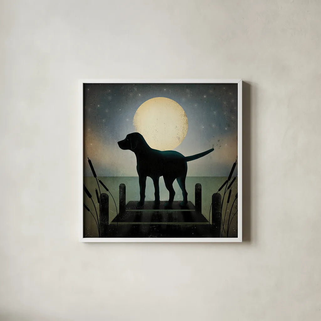 Moonrise Black Dog by Ryan Fowler. Shown in a crisp white glass frame for a clean and minimalist style. Available as an archival giclee rolled canvas, fine art paper, or poster print. SKU 9033a.