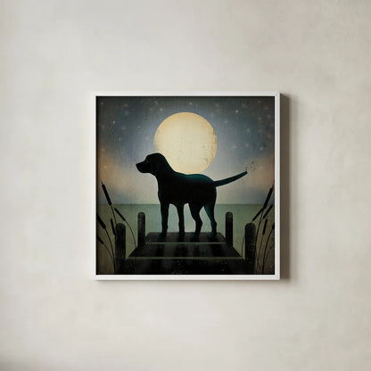 Moonrise Black Dog by Ryan Fowler. Shown in a crisp white glass frame for a clean and minimalist style. Available as an archival giclee rolled canvas, fine art paper, or poster print. SKU 9033a.