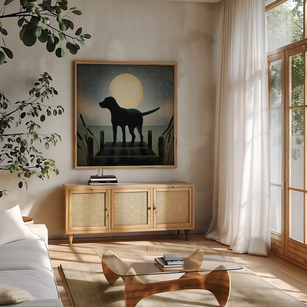 Moonrise Black Dog by Ryan Fowler. Shown in a natural wood frame in a cozy modern living room. Available as an archival giclee rolled canvas, fine art paper, or poster print. SKU 9033a.