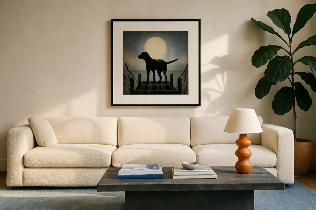 Moonrise Black Dog by Ryan Fowler. Displayed in a glass frame with matte in a clean modern living room. Available as an archival giclee rolled canvas, fine art paper, or poster print. SKU 9033a.