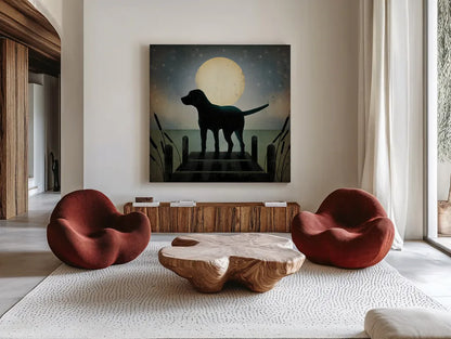 Moonrise Black Dog by Ryan Fowler. Shown as extra-large giant wall art in a modern living room. Available as an archival giclee rolled canvas, fine art paper, or poster print. SKU 9033a.