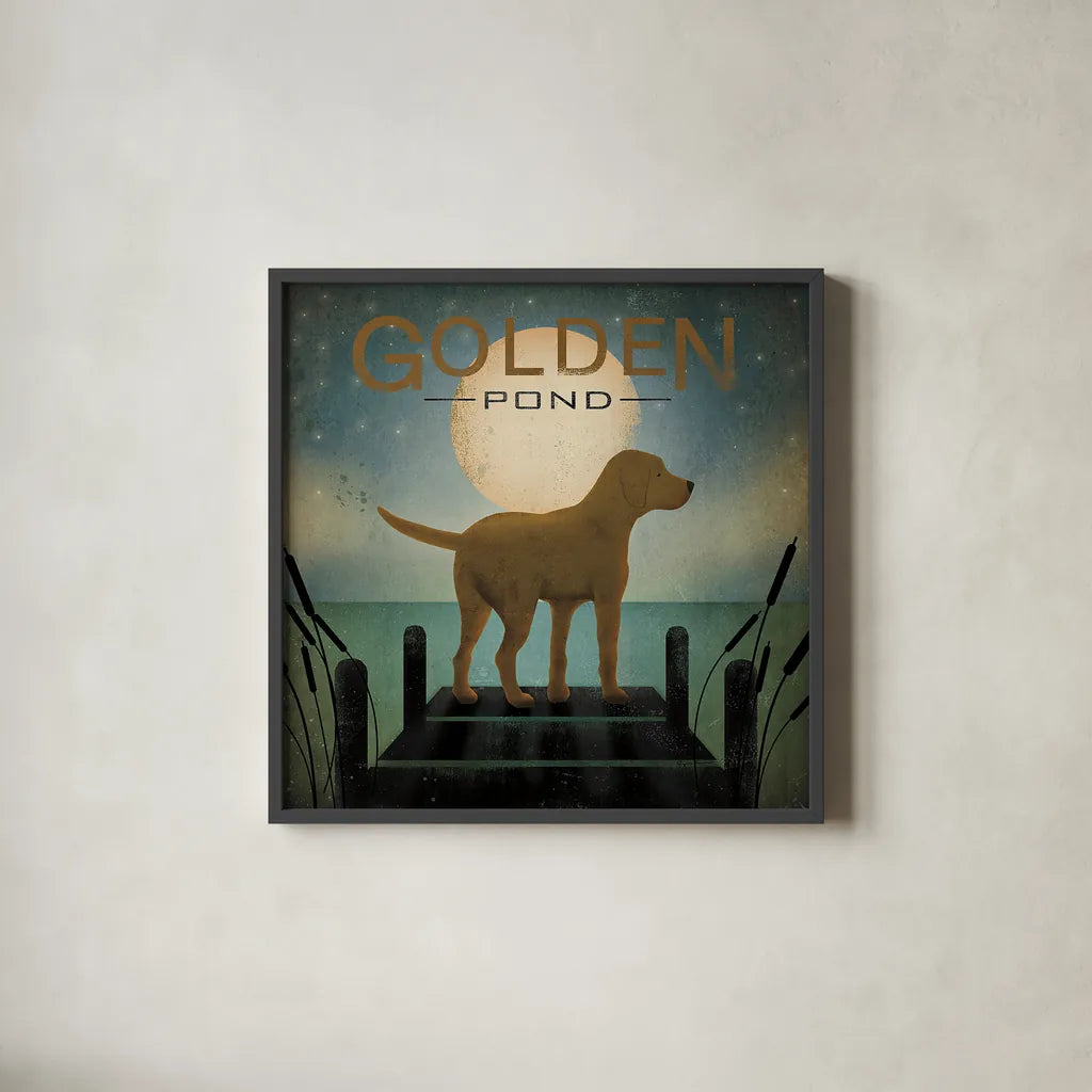 Moonrise Yellow Dog - Golden Pond by Ryan Fowler. Shown in a sleek black glass frame for a contemporary gallery look. Available as an archival giclee rolled canvas, fine art paper, or poster print. SKU 11453a.