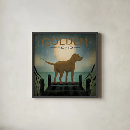 Moonrise Yellow Dog - Golden Pond by Ryan Fowler. Shown in a sleek black glass frame for a contemporary gallery look. Available as an archival giclee rolled canvas, fine art paper, or poster print. SKU 11453a.