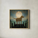 Moonrise Yellow Dog - Golden Pond by Ryan Fowler. Shown in a natural wood glass frame for a timeless modern aesthetic. Available as an archival giclee rolled canvas, fine art paper, or poster print. SKU 11453a.