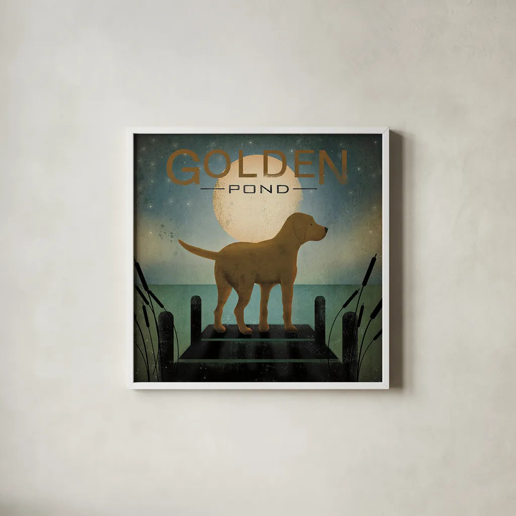 Moonrise Yellow Dog - Golden Pond by Ryan Fowler. Shown in a crisp white glass frame for a clean and minimalist style. Available as an archival giclee rolled canvas, fine art paper, or poster print. SKU 11453a.